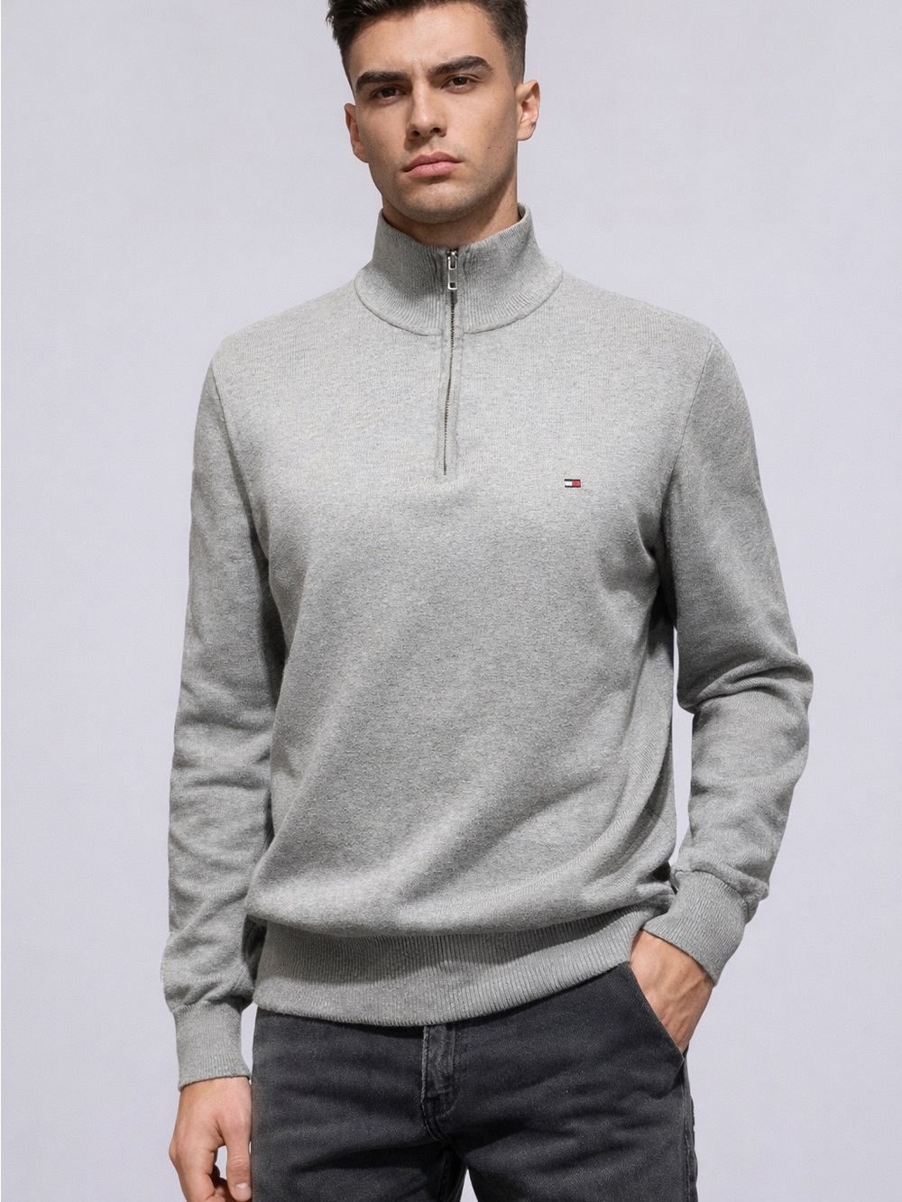 Tommy Hilfiger Gray Quarter-Zip Mock Neck Sweater